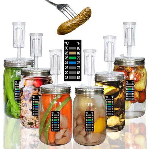 laffeya Fermentation Lids Kit, 6 Sets Stainless Steel Wide Mouth Mason Lids | Mason Jar Fermenting Lid, Airlock, Thermometer Strip, Silicone Ring & Grommet, Fermentation Airlock Lids (Jars Not Included)