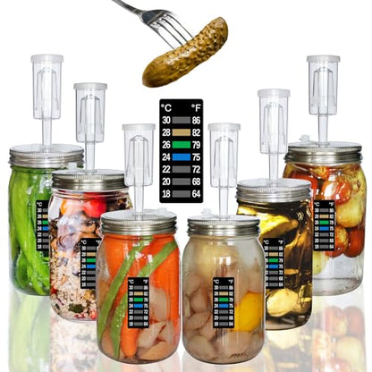 laffeya Fermentation Lids Kit, 6 Sets Stainless Steel Wide Mouth Mason Lids | Mason Jar Fermenting Lid, Airlock, Thermometer Strip, Silicone Ring & Grommet, Fermentation Airlock Lids (Jars Not Included)