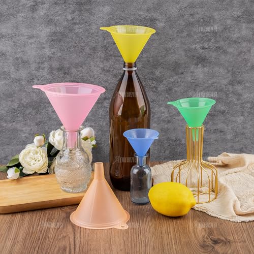 AUEAR, Candy Colors Plastic Funnel Set for Quick and Clean Transferring Kitchen Liquid Spices Powder Cosmetic Lotion Essential Oils Food Grade 5 Different Sizes (5 Pcs)