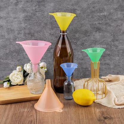 AUEAR, Candy Colors Plastic Funnel Set for Quick and Clean Transferring Kitchen Liquid Spices Powder Cosmetic Lotion Essential Oils Food Grade 5 Different Sizes (5 Pcs)