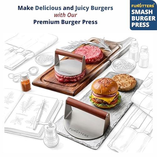 FUNUTTERS 5.5'' Smash Burger Press Patty Maker, Hamburger Smasher Tool, Heavy-Duty Stainless Steel, BBQ Grill and Flattop Griddle Accessory - Commercial Grade - size: 5.5'' with Beechwood Handle
