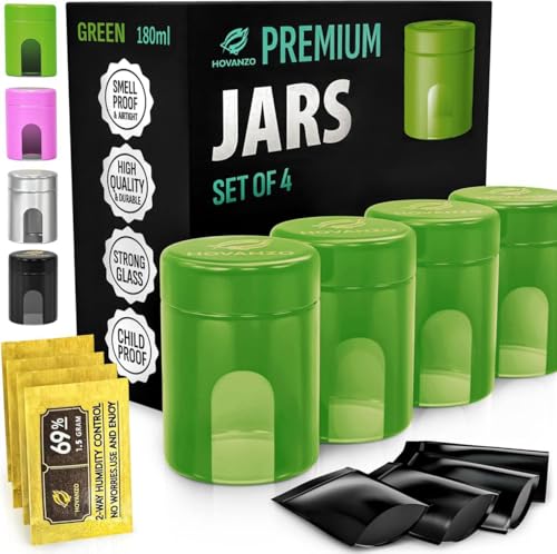 Premium Airtight Glass Storage Jars 180/120 ml with 69% Humidity Control 4 Packs - UV Air Tight Jars with Child-Resistant Lid - Airtight Jar Container, Air Tight Storage Jars for Herb/Spice (Green) - color: Green, size: 180 ML - 4Pcs