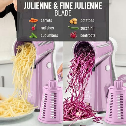 Zulay Kitchen Rotary Cheese Grater 5 Blade Cheese Shredder - Manual Hand Crank Cheese Grater With Reinforced Suction & 5 Interchangeable Drums - Easy to Use, Vegetable Chopper Round Mandoline Slicer - color: Pink and White