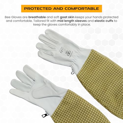 BeeProGear Beekeeping Gloves Goatskin Leather – Sting-Resistant Protective Beekeeper Gloves with Long Canvas Sleeve