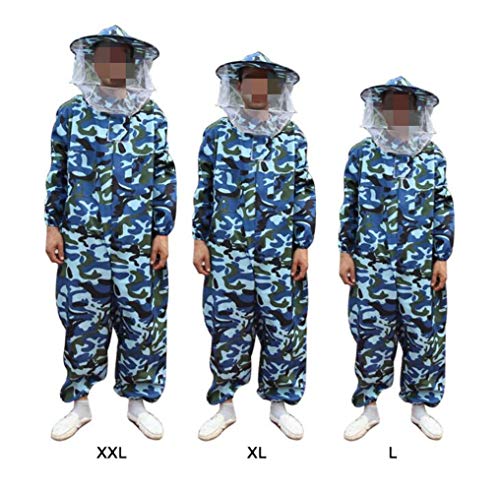 Beekeeping Jumpsuit Suit Beekeeping Protective Equipment Bee Keeping Full Body Cloth with Veil Hood Total Protection for Professional & Beginner Beekeepers - color: Camouflage Blue, size: L