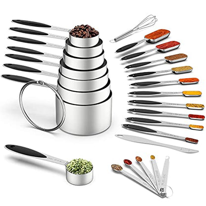 Measuring Cups and Measuring Spoons Set, Wildone Stainless Steel 8 Measuring Cups, 10 Measuring Spoons, 1 Leveler 1 Whisk & 5 Mini Spoons, for Dry and Liquid Ingredient - 25 Piece Black - color: Black, size: Set of 25