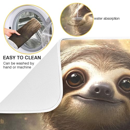 Cute Sloth on Tree Dish Drying Mat for Kitchen Counter Super Absorbent Draining Mat with Non-slip Backed Dishwashing Mat for Dish Cups Bowl Bottles Countertops Sinks Draining Racks