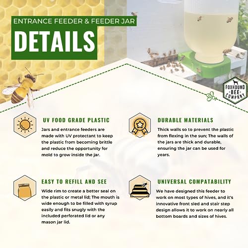 Foxhound Bee Co Bee Feeder | Half Gallon Plastic Entrance Feeder for Sugar Syrup | Leakage-Free Hive Feeder for Beekeeping, 2 Pack - size: 2 Pack Entrance Feeder with Jar