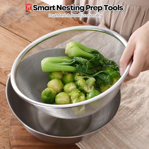 WAGENSTEIGER Stainless Steel Mixing Bowl and 3-Legged Colander Set, Multipurpose Kitchen Basket with Fine Mesh Colander, Salad Mixing Bowl with Strainer, Rinsing Vegetables & Fruits (24cm / 9.45") - size: 9.45 inches