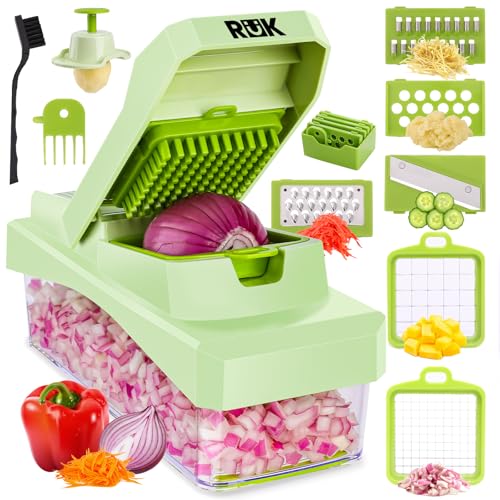 RüK 10-in-1 Vegetable Chopper – 6 Blade Veggie Chopper with Container, Food Dicer, Onion Cutter, Cheese Grater, Mandoline Slicer, Kitchen Gadgets & Home Essentials (Green) - color: Green