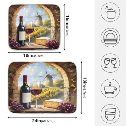 Red Wine Glasses with Grape Cheese Dish Drying Mats for Kitchen Counter, 18x24 inch Drying Dishes Absorbent Microfiber Dish Drainer Mat Rack Pad Fast Dry - size: 18x24in