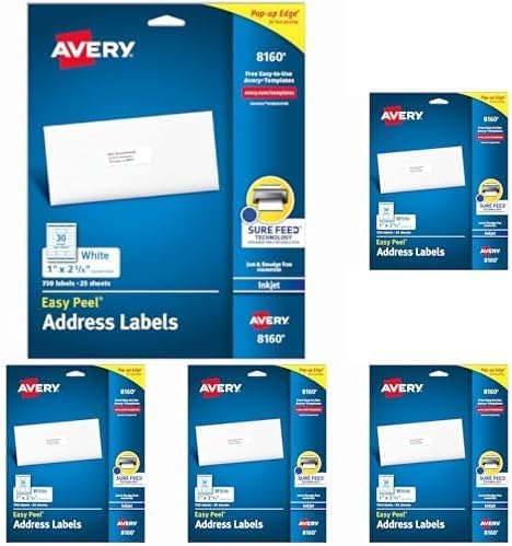 Avery Easy Peel Printable Address Labels with Sure Feed, 1" x 2-5/8" Customizable Stickers, White, 750 Blank Mailing Labels, Great for Mailing, Shipping, and More (8160) (Pack of 5) - size: 1" x 2 5/8" (Pack of 5)