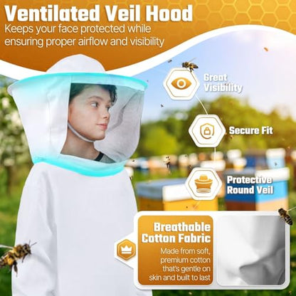 Flexzion Kids Beekeeping Suit Jacket with Veil Hood - Lightweight Sting-Proof Bee Suit for Kids Adults, Youth Pullover Bee Smock, Elastic Waist & Cuffs, White, Kid Medium - size: Kids Medium