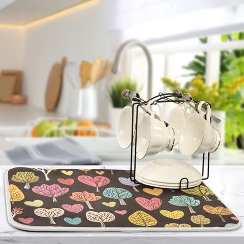 Heart Trees Leaves Dish Drying Mat for Kitchen Counter Super Absorbent Draining Mat with Non-slip Backed Sink Tray Mat for Draining Racks Countertops Sinks Dish Bottles Cups Bowl