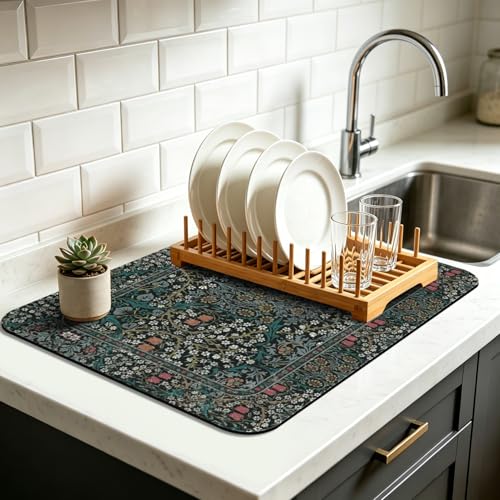 Vintage Floral Dish Drying Mat 16x18 Inch, Dish Mat Drying Kitchen Mats for Extra Large Absorbent Countertop, Aesthetic Boho Drying Matt Kitchen Counter Washable Heat Resistant Dish Drainer Rack Mat - color: Bohemian Flowers-12, size: 18" x 16"