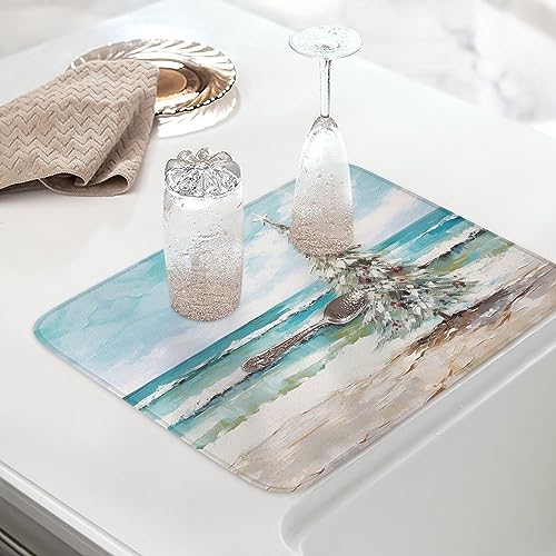 Coastal Christmas Tree Dish Drying Mat for Kitchen Counter, Microfiber Rack Pads, Modern Oil Painting Beach Xmas Tree Absorbent Dish Bottle Drying Mat, 18''x24'', 2 Pack - size: 2PCS-18x24in
