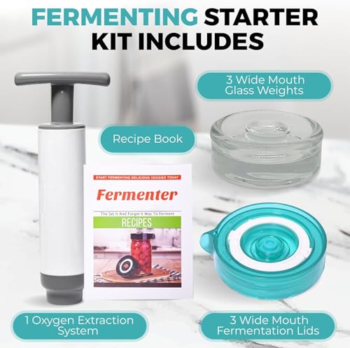 Fermentation Starter Set, Includes 3 Airlock Fermentation Lids and 3 Glass Weights, Sauerkraut Fermenting Kit for Wide Mouth Mason Jar, Pickles, Vegetables, & Kimchi Making Kit - color: Teal