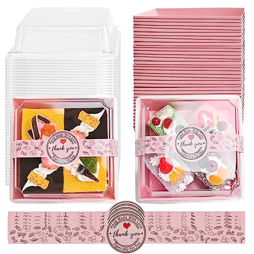 Paper Charcuterie Boxes with Clear Lids and Stickers - 50 SETS 4 Inches Square Disposable Food Containers Bakery Boxes for Bakery, Macaron, Sandwich, Slice Cake, Cookies, Hot Cocoa Bombs, Strawberries (Pink) - color: Pink