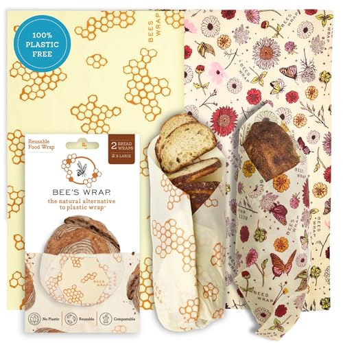 Bee's Wrap Beeswax Wraps for Food - Pack of 2 Bread Wraps - Meadow Magic & Honeycomb - Plastic Free Made in USA Reusable Bread Storage Bags - Organic & Sustainable Sourdough Bags - color: Meadow Magic & Honeycomb 2 Pack