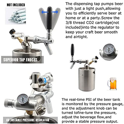 Mini Stainless Steel Beer Keg,Portable Home Dispenser System to Keep Fresh for Home Kitchen Brewing Beer,Keeps Carbonation for Craft Beer Draft and Homebrew,2 liters