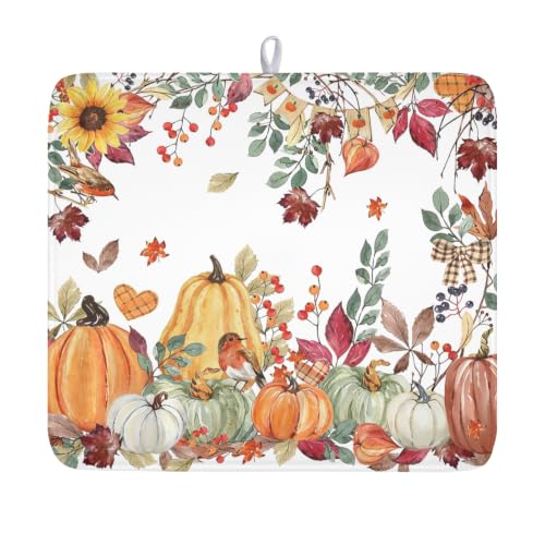 Fall Dish Drying Mat 18x16 Orange White Pumpkins Robin Sunflower Leaves Waterproof Thanksgiving Dish Drainer Mat Watercolor Berries for Kitchen Coffee Sinks Outdoor Use Keeping Dry Holiday Decoration - color: Burnt Orange, size: 18" x 16"