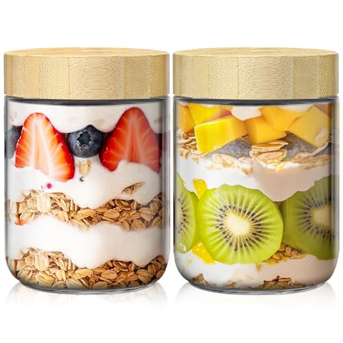 2 Pack 16oz Overnight Oats Containers with Bamboo Lids, Glass Jars with Airtight Lids for Meal Prep, Wide Mouth Mason Salad Jars, Glass Food Storage Container for Yogurt Chia Snacks Spice Sugar - color: 16oz 2 Pack