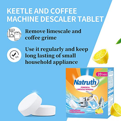 NATRUTH 20 Packs Powerful Limescale Removal,Efficient Water Bottle Cleaning Tablets,Odor-Free KETTLE & Coffee Cup Cleaner Tablets,Descaler for Coffee Machine,Natural Stainless Steel Cup Cleaners