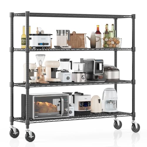 Homdox 4 Tier Heavy Duty Metal Wire Shelving with Wheels, 2400 lbs Capacity Garage Storage Rack, Rolling Industrial Storage, Adjustable Commercial Shelves for Kitchen, Warehouse, 18"x60"x72", Black - color: Black, size: 18"x60"x72"