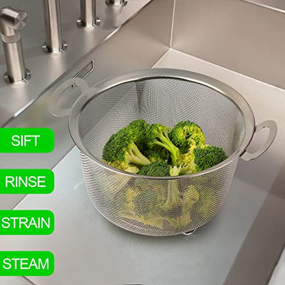 Tiawudi 2 Pack Strainers for Kitchen, 18/8 Stainless Steel Colander with Handles, Fine Mesh Strainer for Pasta, Rice and Fruit, Sieve with Resting Feet to Strain, Rinse, Steam or Cook Vegetables