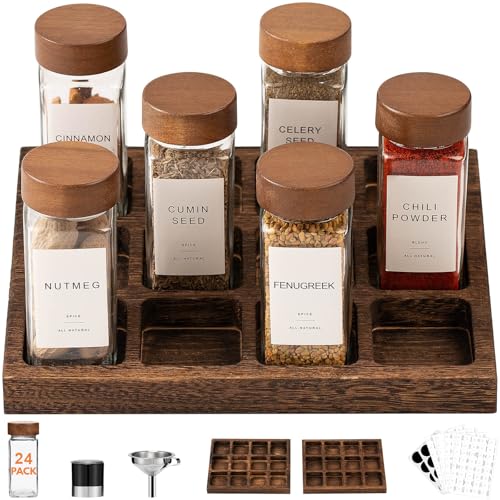 Yangbaga Glass Spice Containers for Kitchen: 24P 4oz Square Jars w/2p Rack | Durable Glass Jars for Cooking Enthusiasts- Airtight Acacia lid 500X Open-Close no Loose - Gift/Daily Use for Housewives