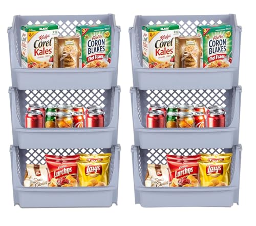 XLarge Stackable Storage Bins Open Front for Pantry, 6 Pack - Light Grey | Sturdy Plastic, Easy Stacking, Open Front Access, Ventilated Sides, Vertical & Space Saving Pantry Organizers and Storage Bin - color: Light Grey, size: 6 Pack - XLarge