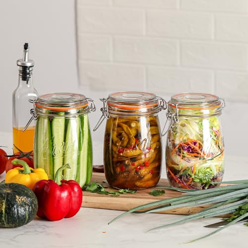 Anwoi Wide Mouth Glass Jars with Airtight Lid 32OZ 4 Pack, Kitchen Storage Large Clear Canister Jars with Hinged Lid with Measurement Marks For Canning,Coffee,Flour,Sugar,Beans
