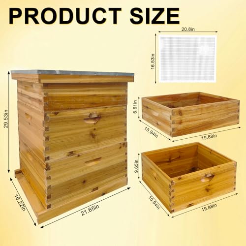 Bee Hives Coated Bee Hive Starter Kit, 10-Frame Langstroth Beehive with 2 Deep and 1 Medium Super Boxes, Wax Dipped Wood Bee House Includes Metal Top Cover & Queen Excluder (No Frames)