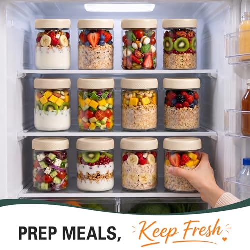 Overnight Oats Containers with Lids, 16oz Glass Storage Containers with Lids, Wide Mouth Mason Jars, Glass Jars with Airtight Lids for Sugar, Yogurt, Chia Seed, Pudding, Meal Prep 6-Pack - color: Beige