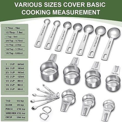EWFEN Measuring Cups and Spoons Set, 7 Stainless Steel Nesting Measuring Cups & 7 Spoons, 5 Mini Measuring Spoons & 2 Detachable Rings, Kitchen Gadgets for Cooking & Baking, Round - color: Round Spoons