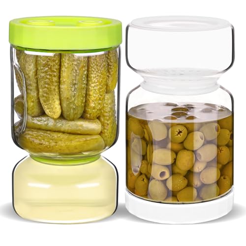 ZENS Glass Pickle Jar with Strainer Flip, 2 Pack Pickle Container Olive Hourglass Jars, Airtight Pickle Juice Separator from Wet and Dry, Pickles Storage Jar 51oz-Green & White - color: 2-White&Green, size: 51oz 2pcs