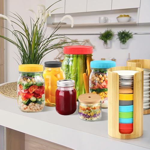 Mason Jar Lid Organizer, Wide & Regular Mouth Lids Holder (2pcs) | Mason Jar Lid Storage Made of Bamboo, Stackable Space-Saving Rack, Suitable for Mason/Canning/Bamboo Lids - style: Single-sided hole