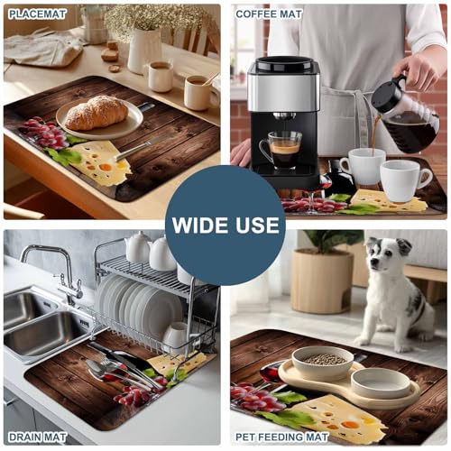 Wine Cheese Dish Drying Mat for Kitchen Counter, Drying Mats Super Absorbent Microfiber Kitchen Countertop Protector Dishes Pad 12"x16", Grapes Farmhouse Brown Wooden Plank - size: 16" x 12"