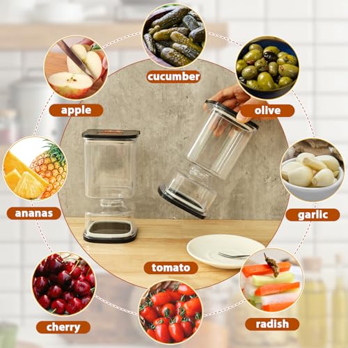 2 Pack Pickle Jars with Strainer Flip, Salad Olive Jar, 33.82 OZ Clear Square Pickle Container with 4 Fork and Timer Recorder Olive Container Jar for Gherkins Olives Onions Garlic, Gifts for Mom