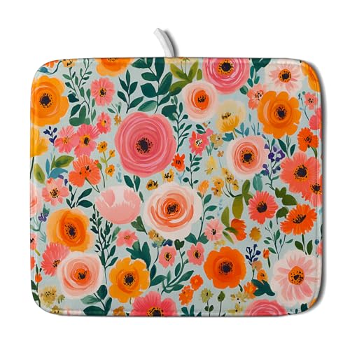 Spiral Flower Dish Drying Pad - Spring Bold Floral Printd Kitchen Countertop Cloth Pad for Home Decorative - color: Spring Flowers, size: 18" x 16"