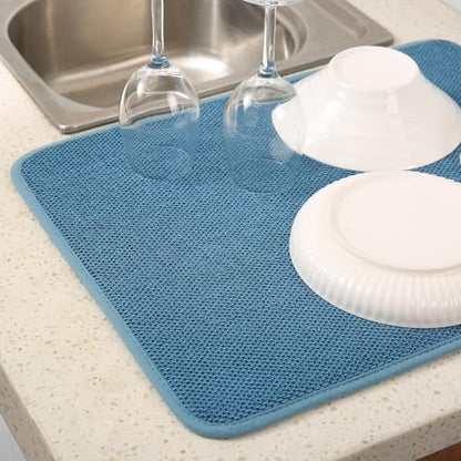2 Pack Microfiber Dish Drying Mat for Kitchen Counter,Ultra Absorbent Dish Drainer Mat ,Dish Drying Pad ,Dish Rack Mat 20×15 Inch (Blue)