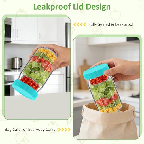 4Pack Glass Salad Jars with Lids, 32oz Salads Mason Jars with Wet/Dry Separation Cup, Meal Prep Salad Containers for Lunch, Leakproof Wide Mouth Food Storage Containers, BPA-Free Reusable (Mint Green) - color: Mint Green