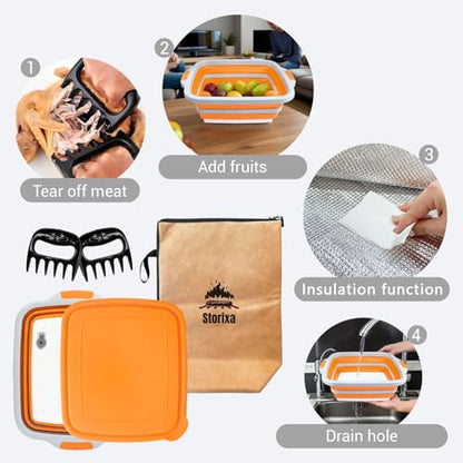 BBQ Prep Tub 16L, 3 in 1 BBQ Prep Tub Set, XL Collapsible Cutting Board Tub & Food Container with Lid, Includes 2 Meat Shredder Claws, Resting Blanket & Carry Bag, Ideal Grilling Tub for Camping