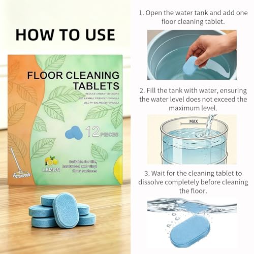 12pcs Floor Cleaner Tablets, Pre-Measured Dissolvable Cleaning Tablets, Deep Cleans for Multiple Hard Floors, Tile, Vinyl, Hardwood, Fresh Lemon Scent, Compatible with Robot Mops & Wet Dry Vacuum