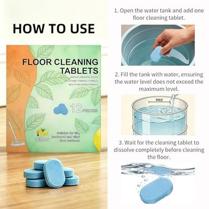 12pcs Floor Cleaner Tablets, Pre-Measured Dissolvable Cleaning Tablets, Deep Cleans for Multiple Hard Floors, Tile, Vinyl, Hardwood, Fresh Lemon Scent, Compatible with Robot Mops & Wet Dry Vacuum