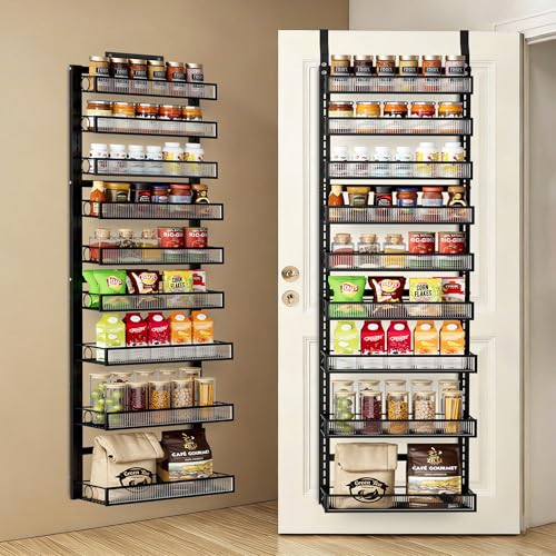Over the Door Pantry Organizer 9 Tier Hanging Door or Wall Mounted Spice Rack with Adjustable Acrylic Basket,Heavy Duty Metal Seasoning Storage Shelf for Kitchen Pantry and Bathroom Black - color: Black-Acrylic, size: 9 Tiers