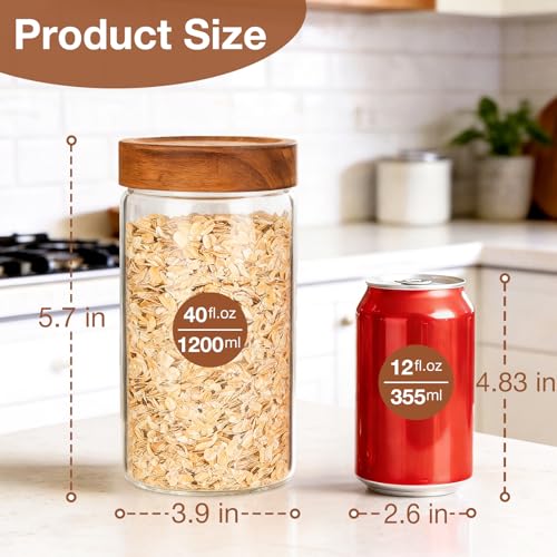 CONNOO 40oz Airtight Glass Storage Containers with Wood Lids (3-Pack) – Includes 120 Pre-Printed Waterproof White Kitchen Labels – Tall Pantry Canisters for Flour, Pasta & Cereal - size: cylindrical/40oz/3pcs