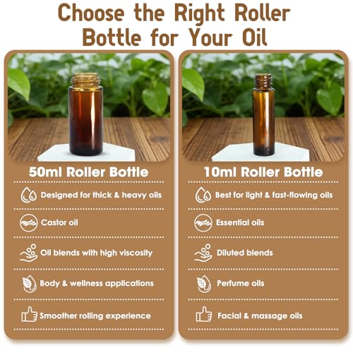 Rose Quartz Roller Bottles for Oils, 50ml Refillable Amber Glass Roll On Bottles with Natural Crystal Roller Balls, Leak-Proof Travel Perfume Bottle with Gold Caps - size: 1.7 Ounces