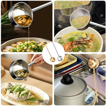 2 PCS Small Soup Ladle SUS304 Stainless Steel Metal Deep Spoon With Pour Spout for Serving Soups, Gravy and More（Gold + Silver）