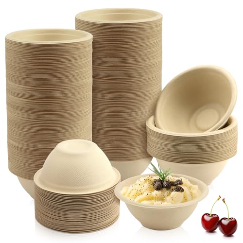 LeonBach 100 Pack 6oz Natural Bagasse Fiber Bowls, Small Disposable Paper Bowls Microwavable Safe Sample Snack Cups Charcuterie Serving Cups for Sauce Portion Condiment Ice Cream Desserts - color: Brown, style: 6oz-100 Pack